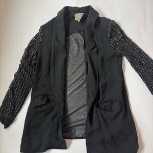 Anya Jade Black Open Front Blazer w/ Sheer Beaded Mesh Sleeves - Small